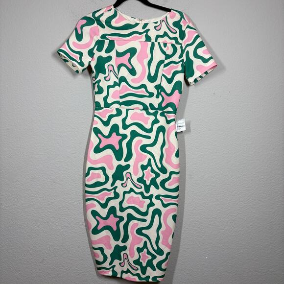 Alexia Admor Size Small Sheath Dress Pink Green Abstract Print Short Sleeves - Picture 2 of 10